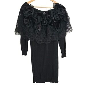 80s Vintage‎ Freesize Off-Shoulder Lace Cape Sweater Dress